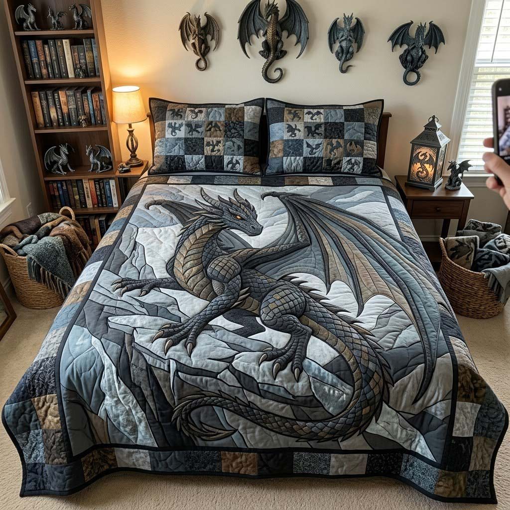 Legendsofthe Dragon quilted 3-piece bedding set on a made bed with two matching pillow shams