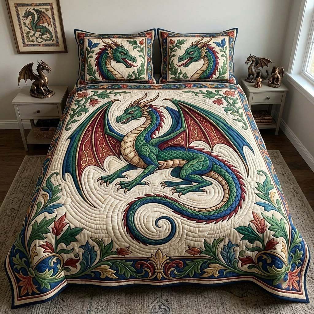 Legendsofthe Dragon quilted 3-piece bedding set on a made bed with two matching pillow shams