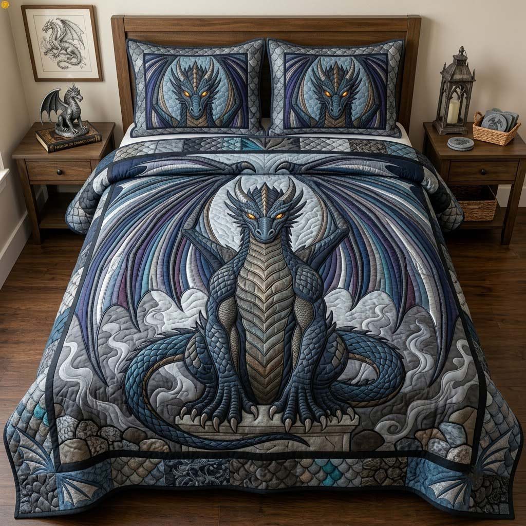 Legendsofthe Dragon quilted 3-piece bedding set on a made bed with two matching pillow shams