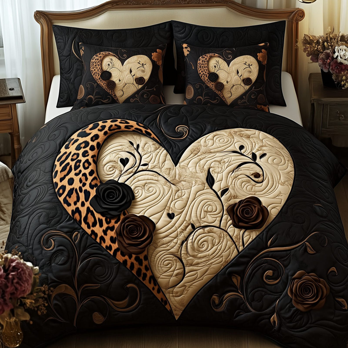 Leopard Heart quilted 3-piece bedding set on a made bed with two matching pillow shams