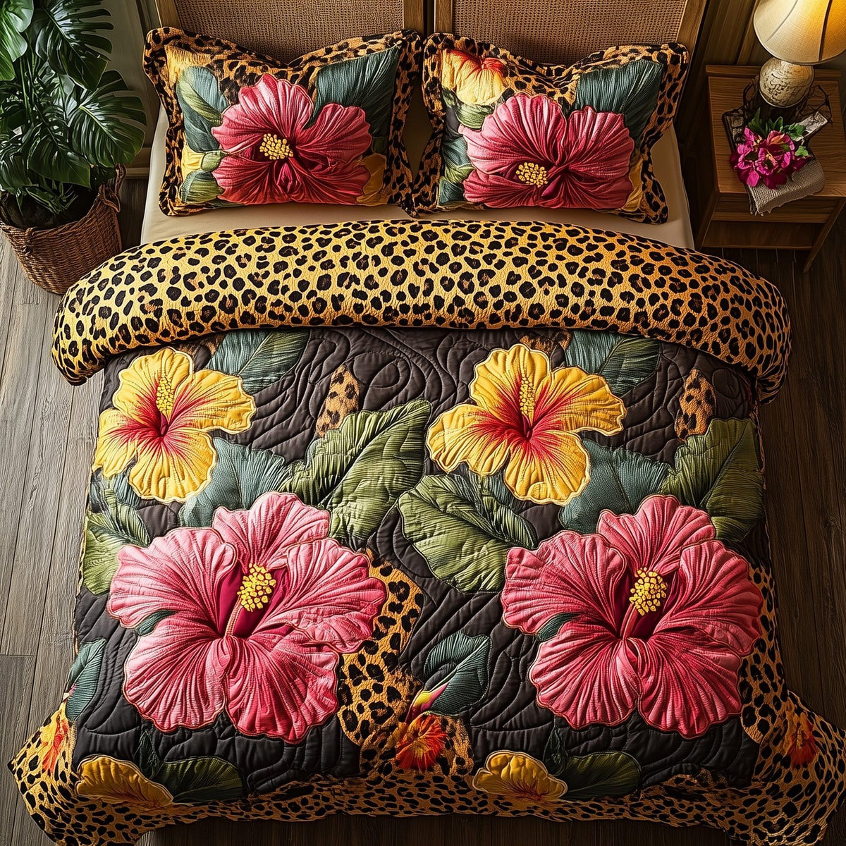 Leopard Hibiscus Heaven quilted 3-piece bedding set on a made bed in a softly lit bedroom