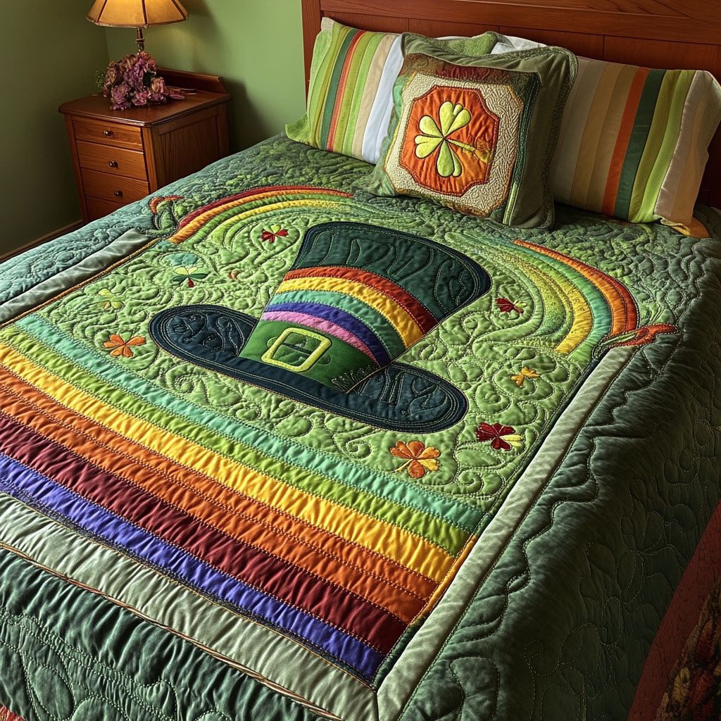 Leprechaun Landing quilted 3-piece bedding set on a made bed with two matching pillow shams