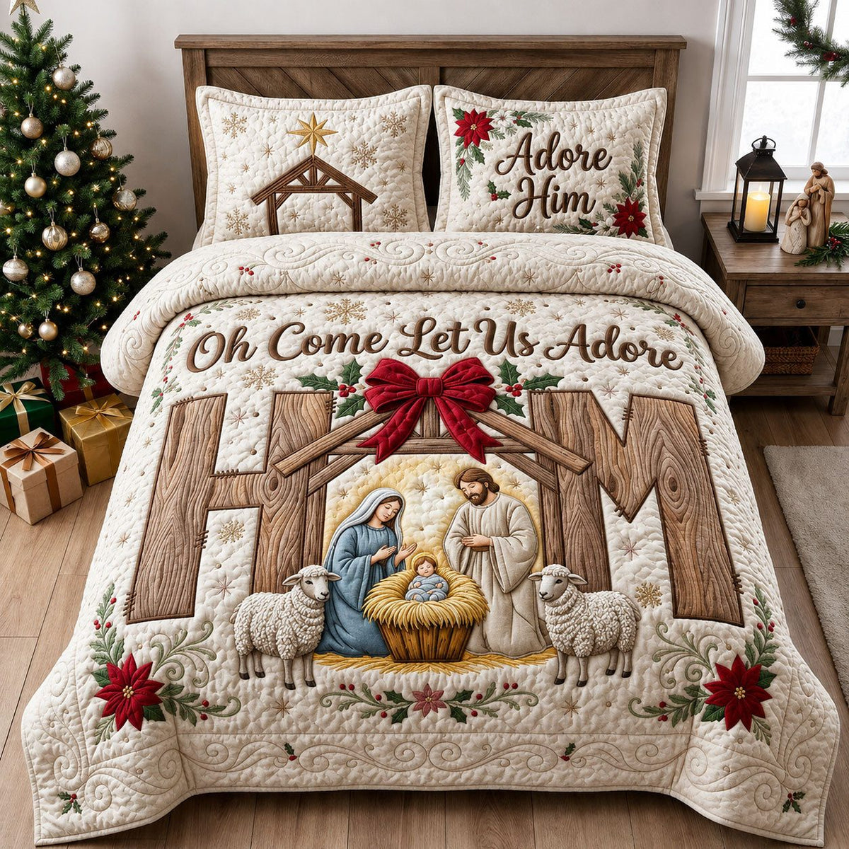 Let Us Adore Him quilted 3-piece bedding set on a made bed with two matching pillow shams