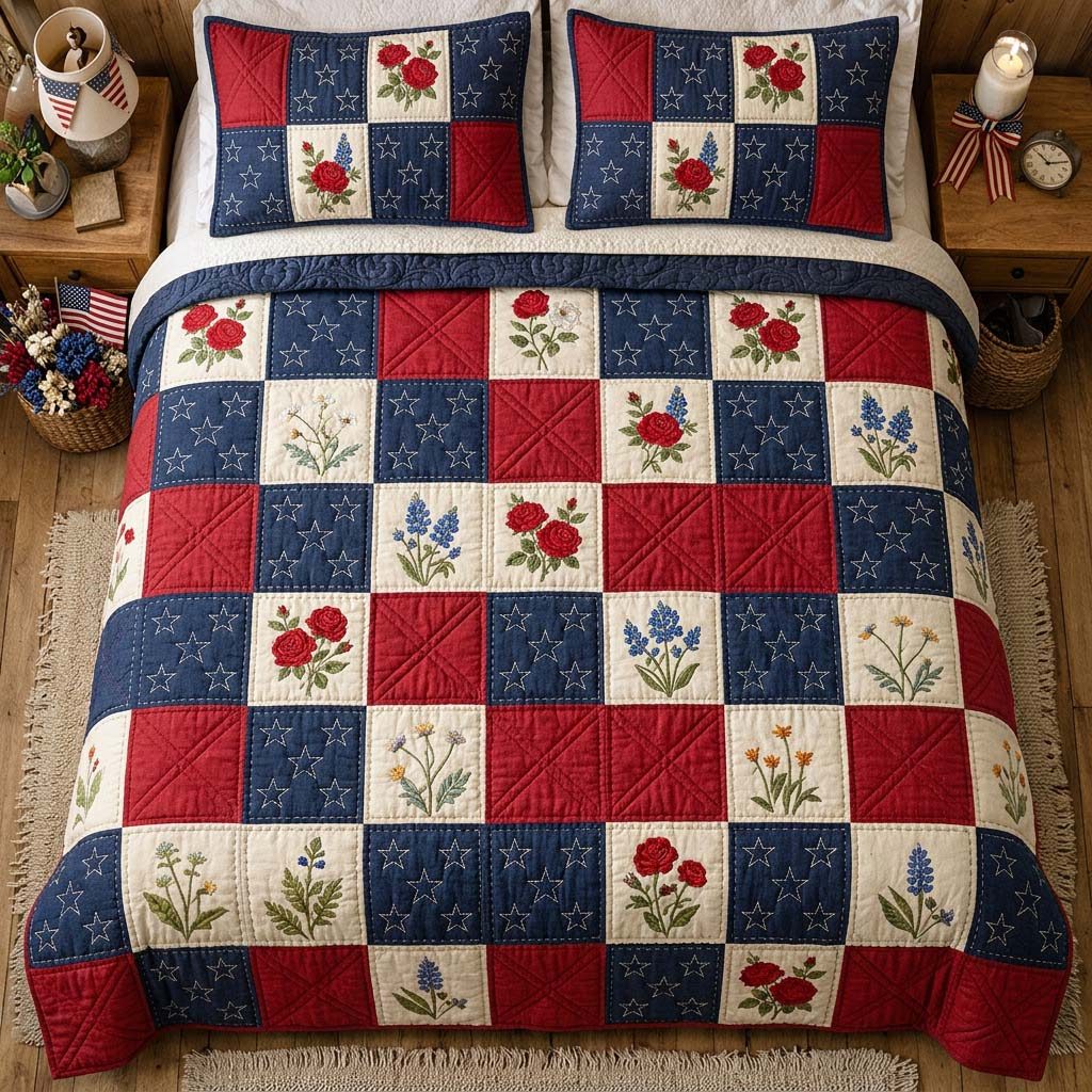 Liberty Blossom quilted 3-piece bedding set on a made bed in a warmly lit bedroom