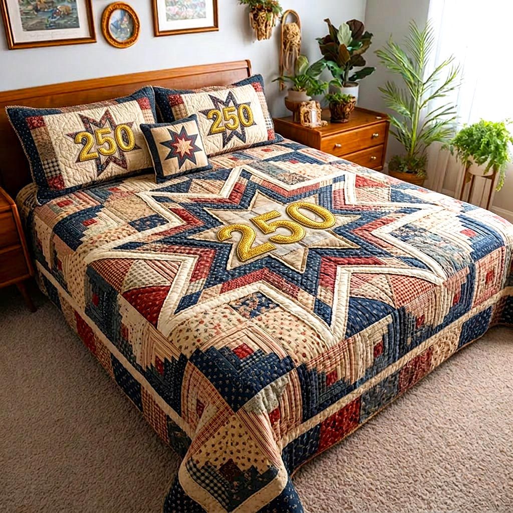 Liberty Colors quilted 3-piece bedding set on a made bed in a warmly lit bedroom