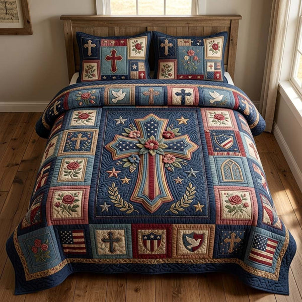 Liberty Cross quilted 3-piece bedding set on a made bed in a warmly lit bedroom