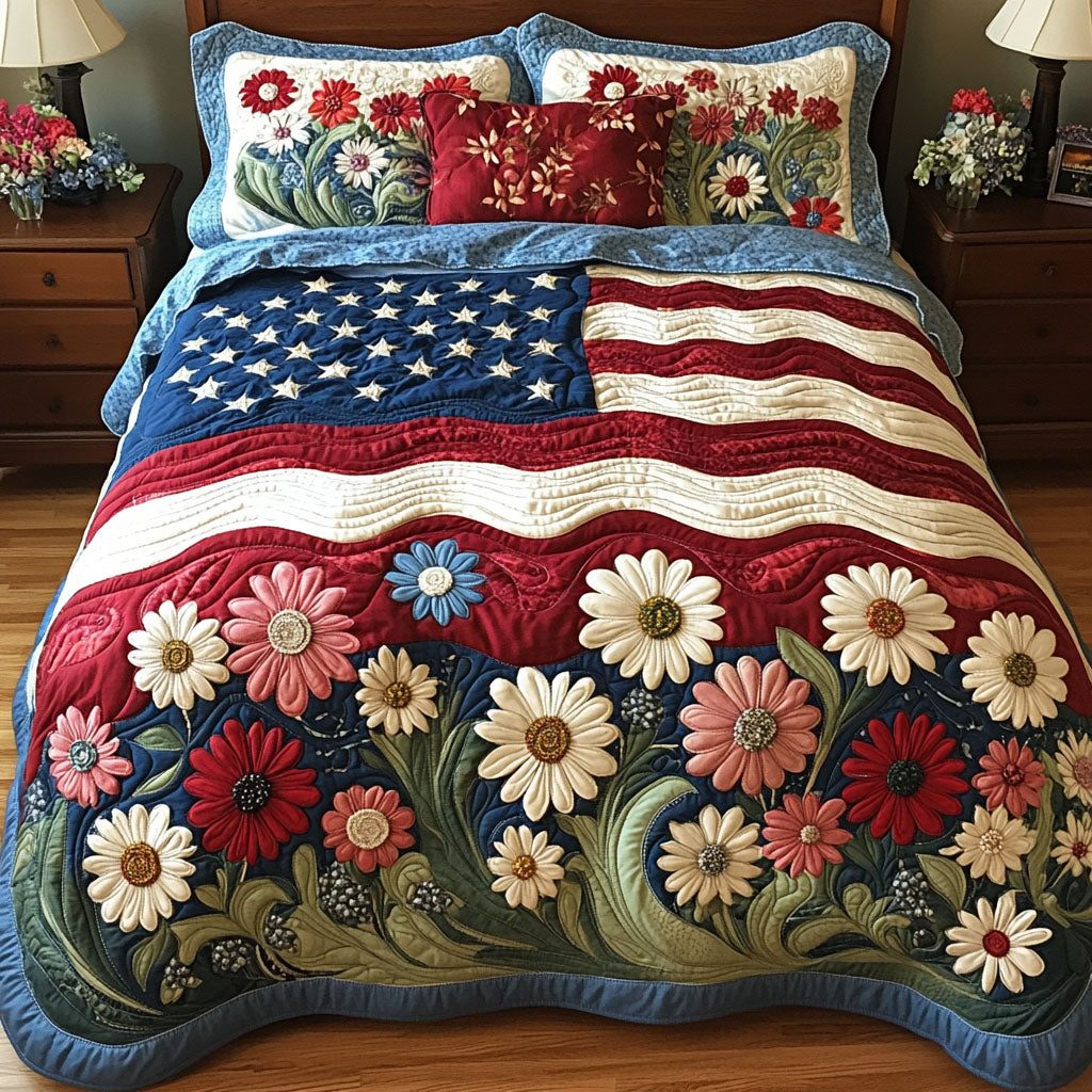 Liberty Garden quilted 3-piece bedding set on a made bed in a warmly lit bedroom