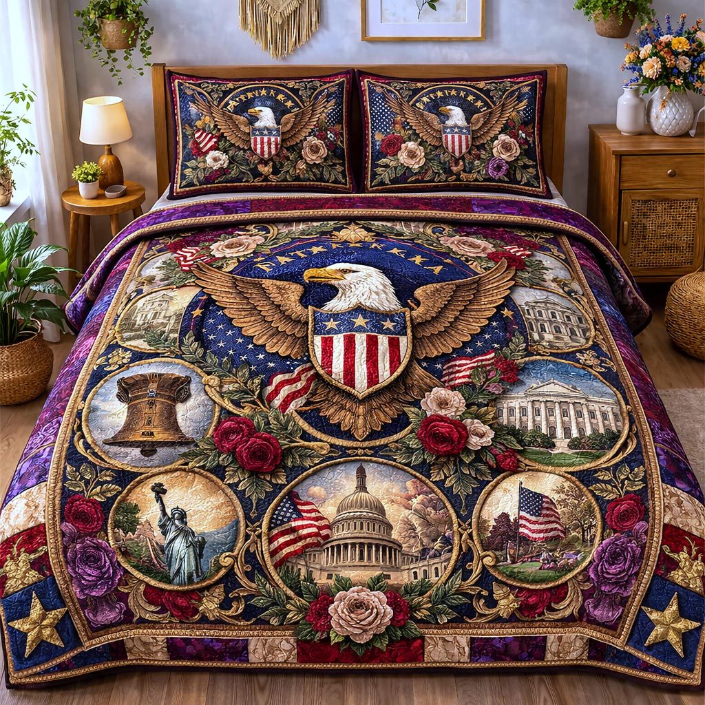 Liberty Heritage quilted 3-piece bedding set on a made bed in a warmly lit bedroom