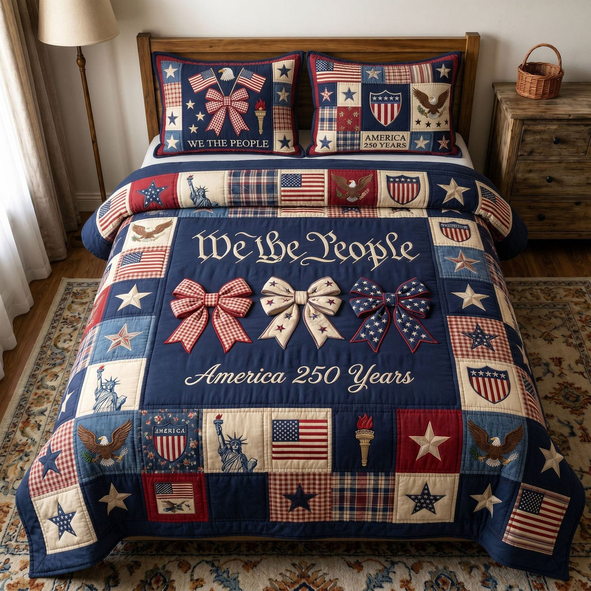 Liberty Legacy quilted 3-piece bedding set on a made bed in a warmly lit bedroom