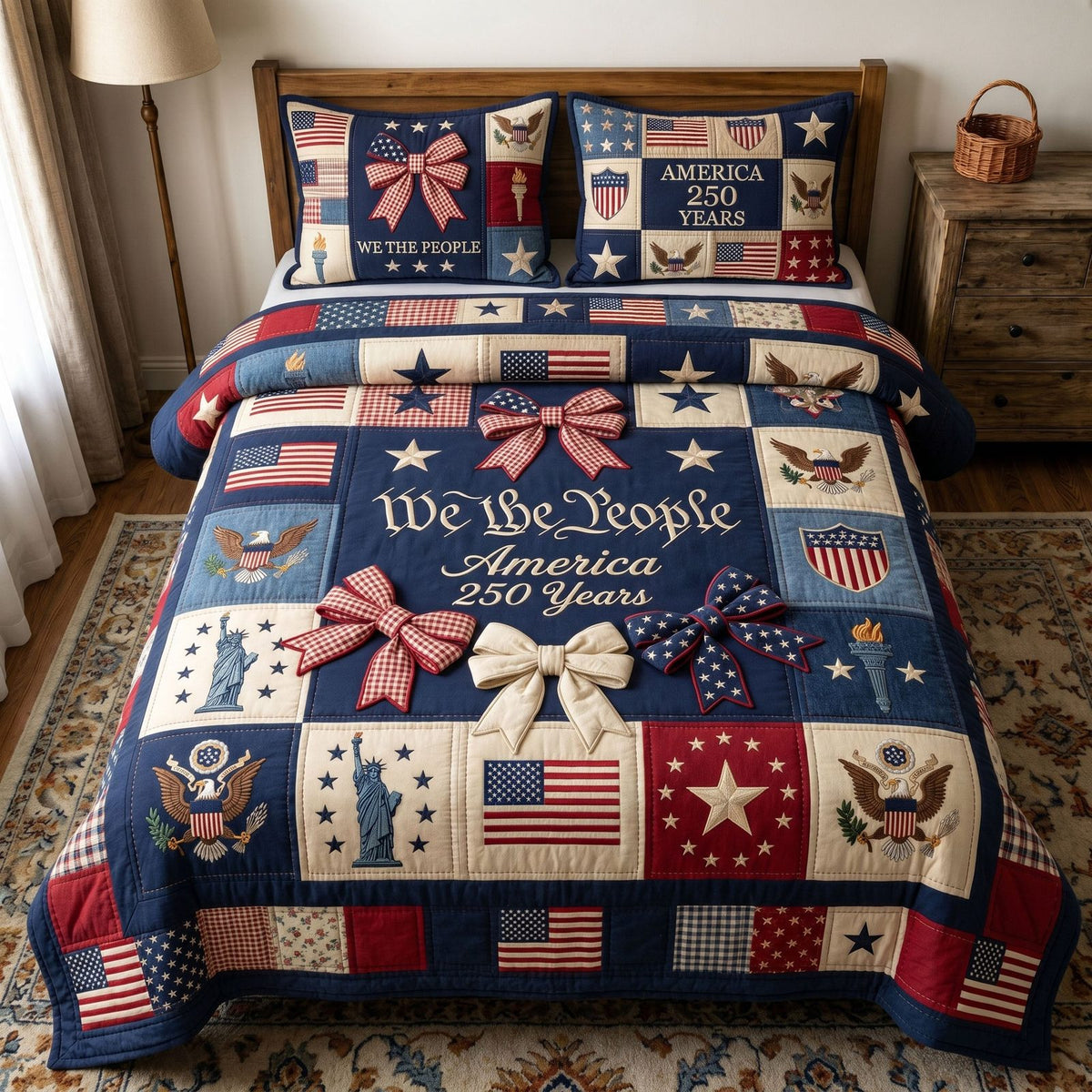 Liberty Legacy quilted 3-piece bedding set on a made bed in a warmly lit bedroom