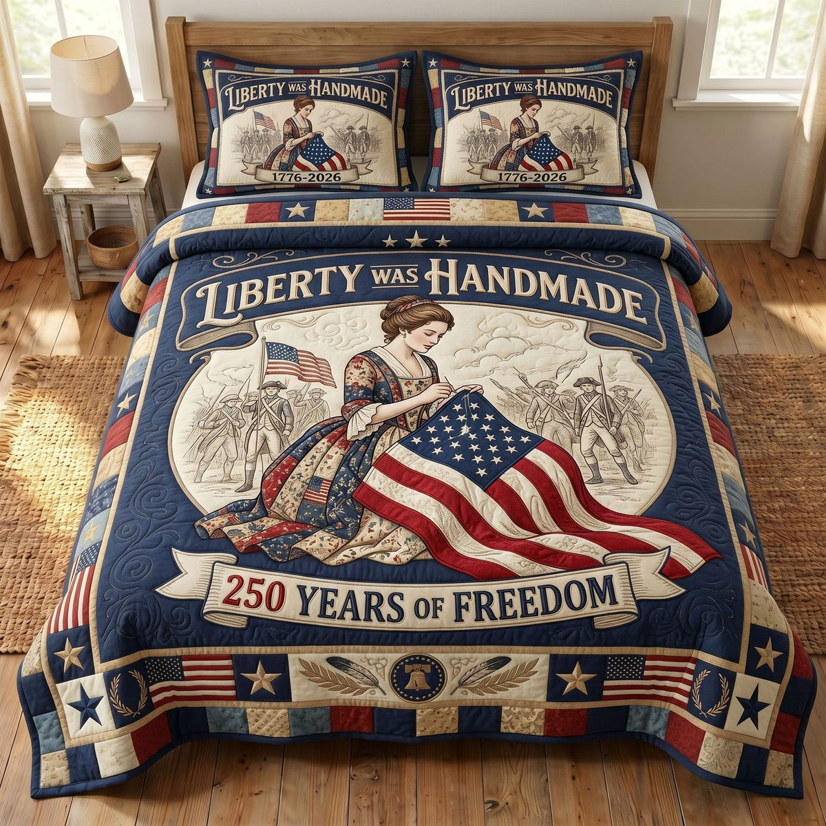 Liberty Legacy quilted 3-piece bedding set on a made bed in a warmly lit bedroom