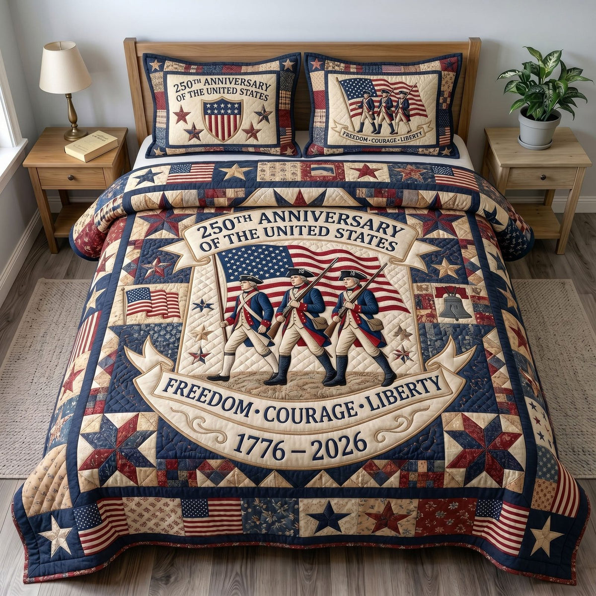Liberty Legacy quilted 3-piece bedding set on a made bed in a warmly lit bedroom