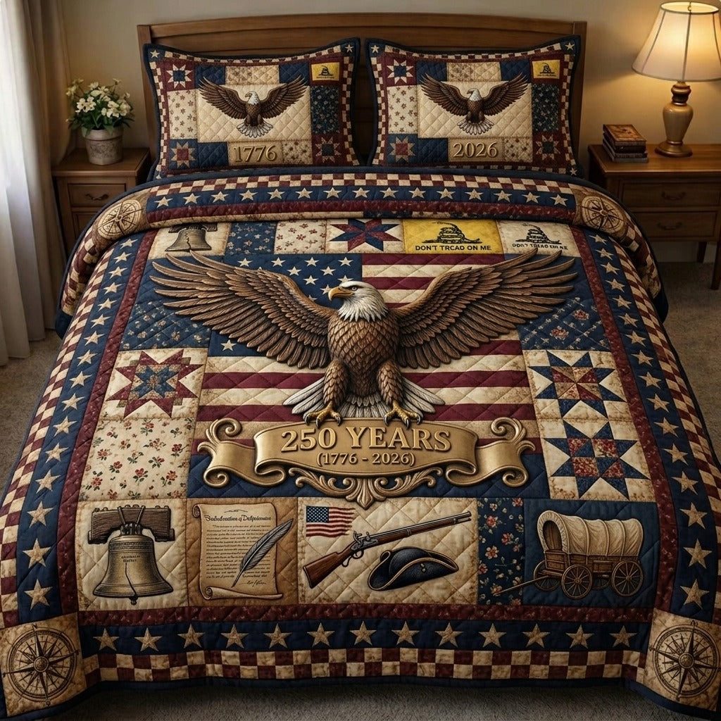 Liberty Legacy quilted 3-piece bedding set on a made bed in a warmly lit bedroom