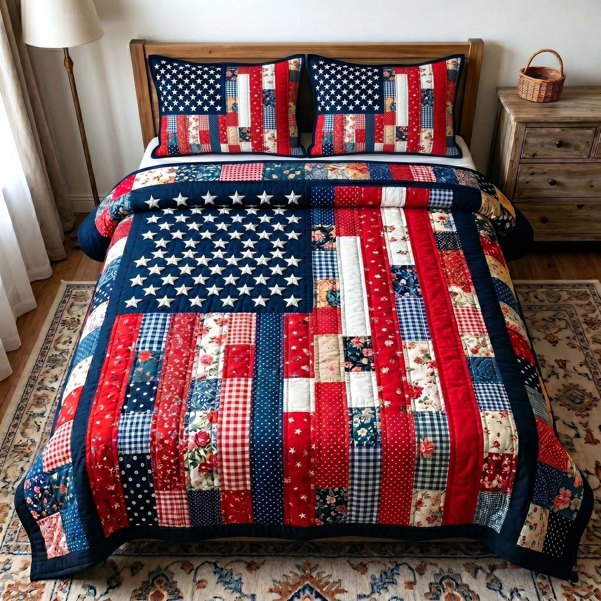 Liberty Legacy quilted 3-piece bedding set on a made bed in a warmly lit bedroom