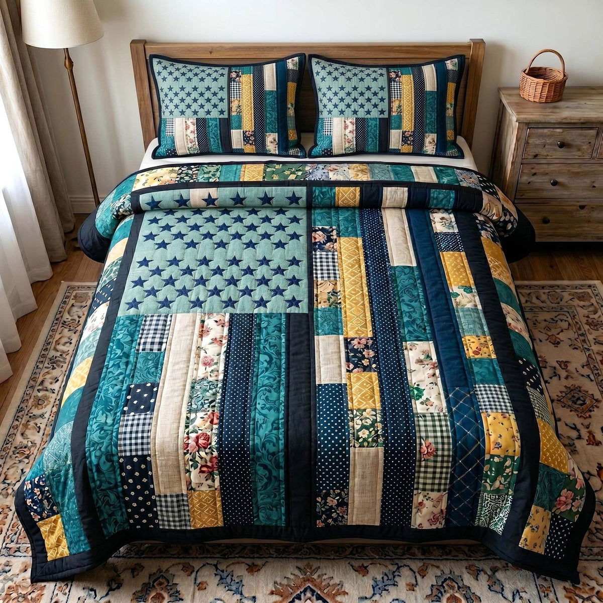 Liberty Legacy quilted 3-piece bedding set on a made bed in a warmly lit bedroom