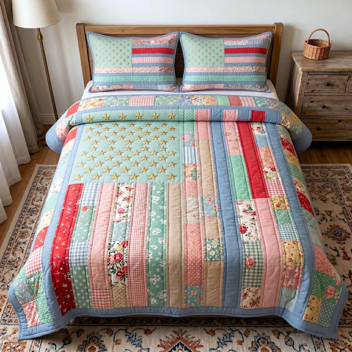 Liberty Legacy quilted 3-piece bedding set on a made bed in a warmly lit bedroom