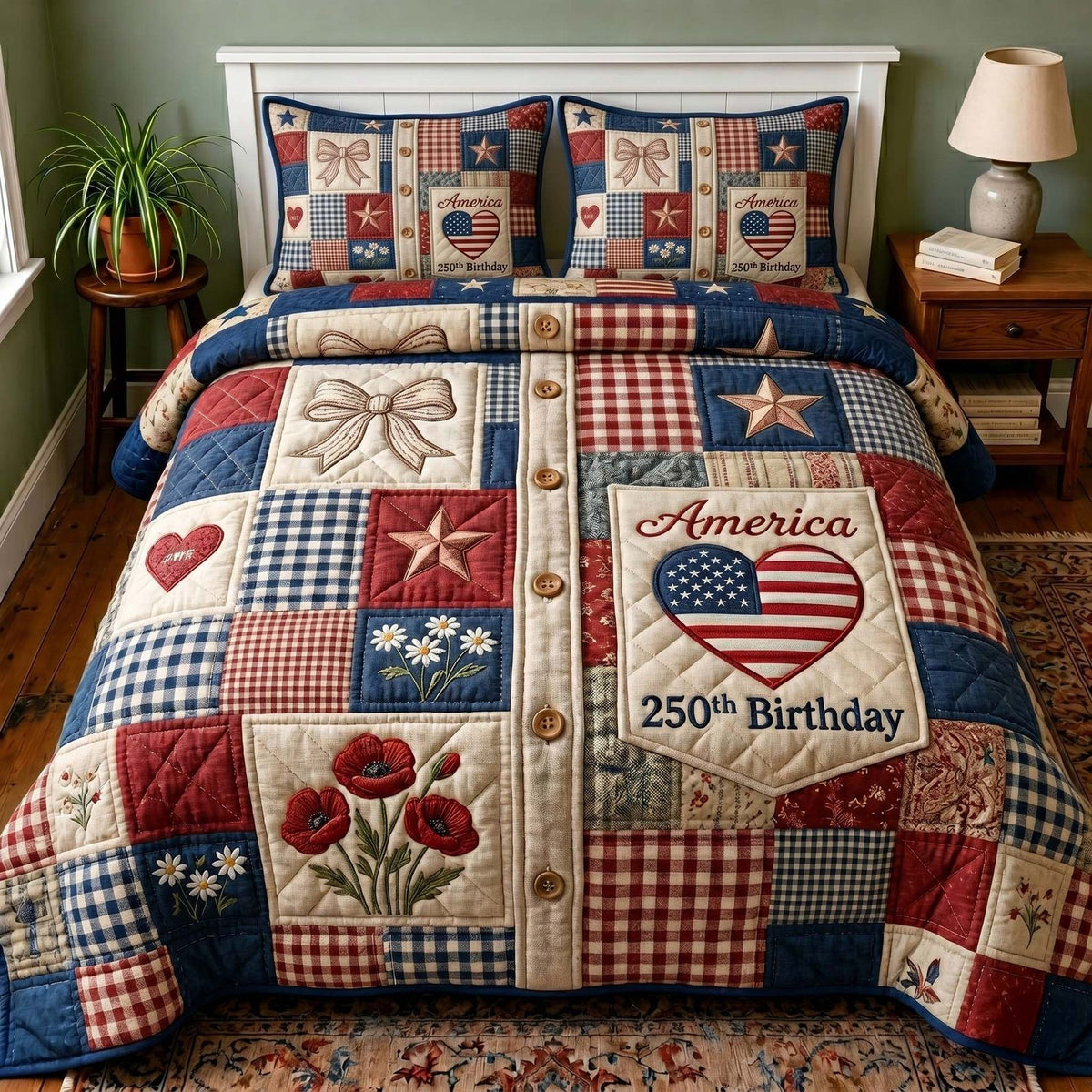 Liberty Legacy quilted 3-piece bedding set on a made bed in a warmly lit bedroom