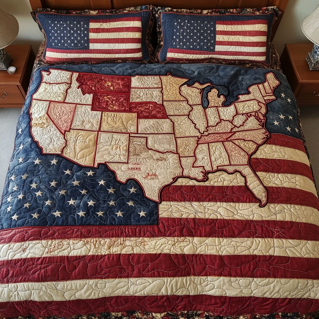 Liberty Map quilted 3-piece bedding set on a made bed in a warmly lit bedroom