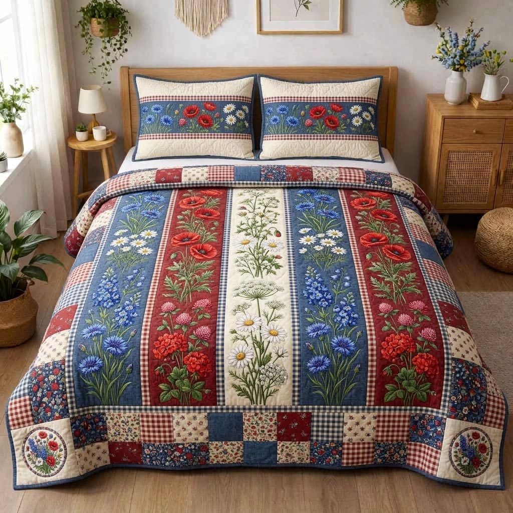 Liberty Meadow quilted 3-piece bedding set on a made bed in a warmly lit bedroom
