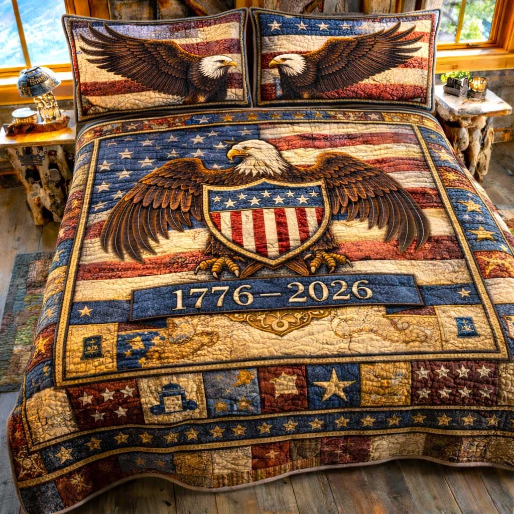 Liberty Spirit quilted 3-piece bedding set on a made bed in a warmly lit bedroom