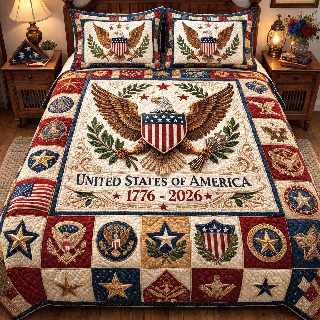 Liberty Spirit quilted 3-piece bedding set on a made bed in a warmly lit bedroom