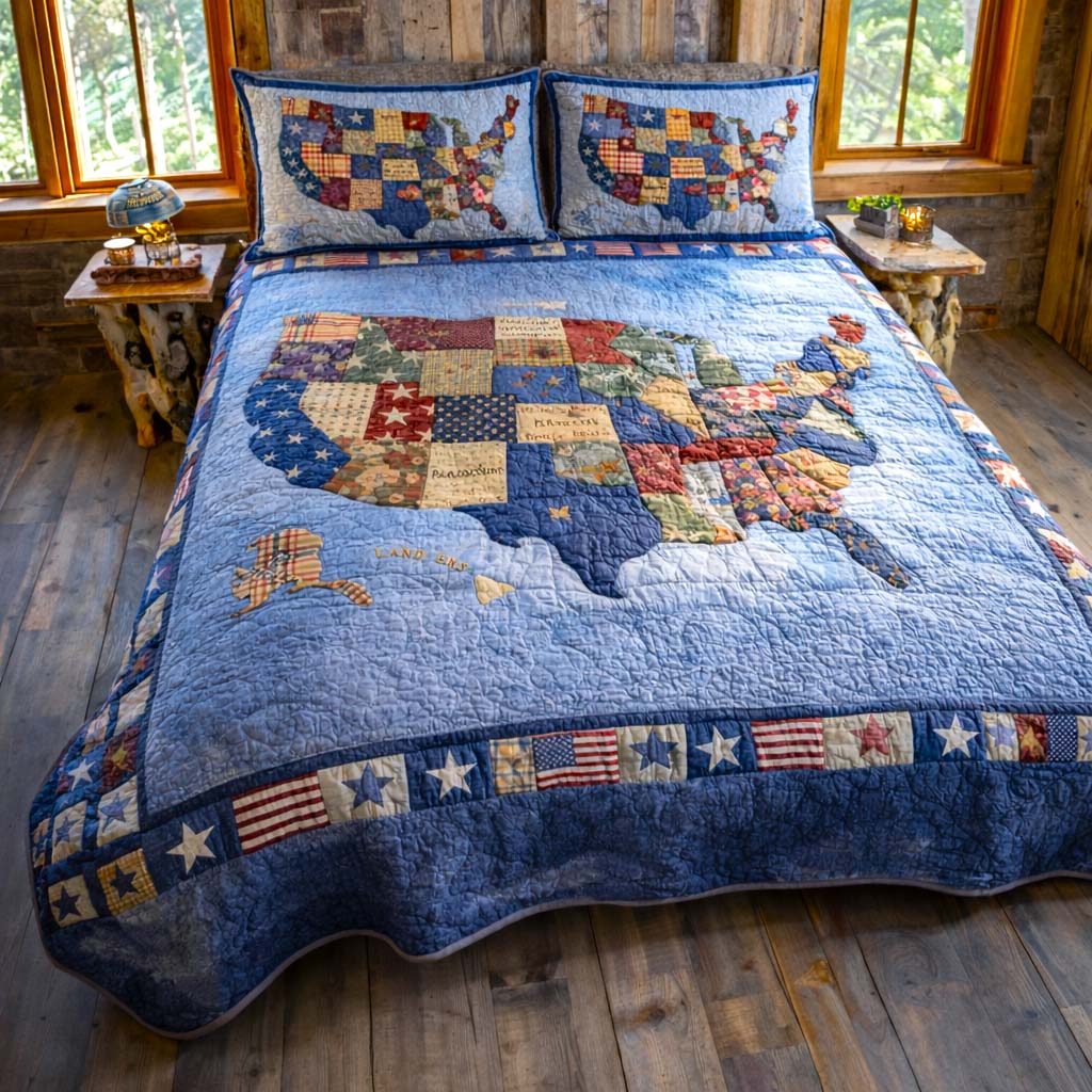 Liberty Tones quilted 3-piece bedding set on a made bed in a warmly lit bedroom
