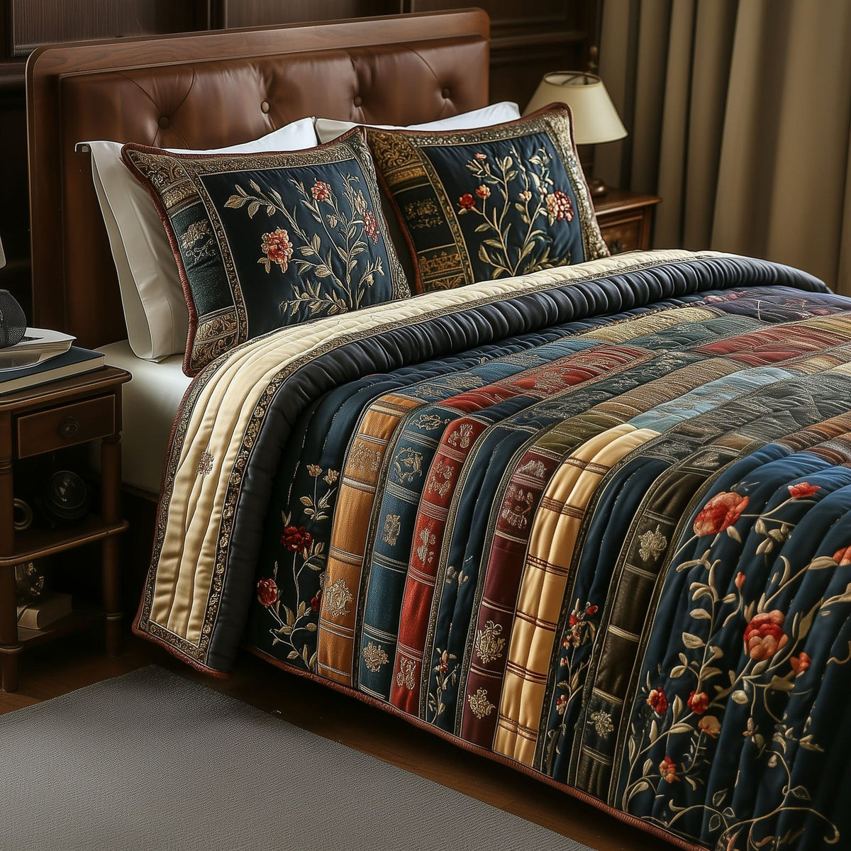Library Dreams quilted 3-piece bedding set on a made bed with two matching pillow shams