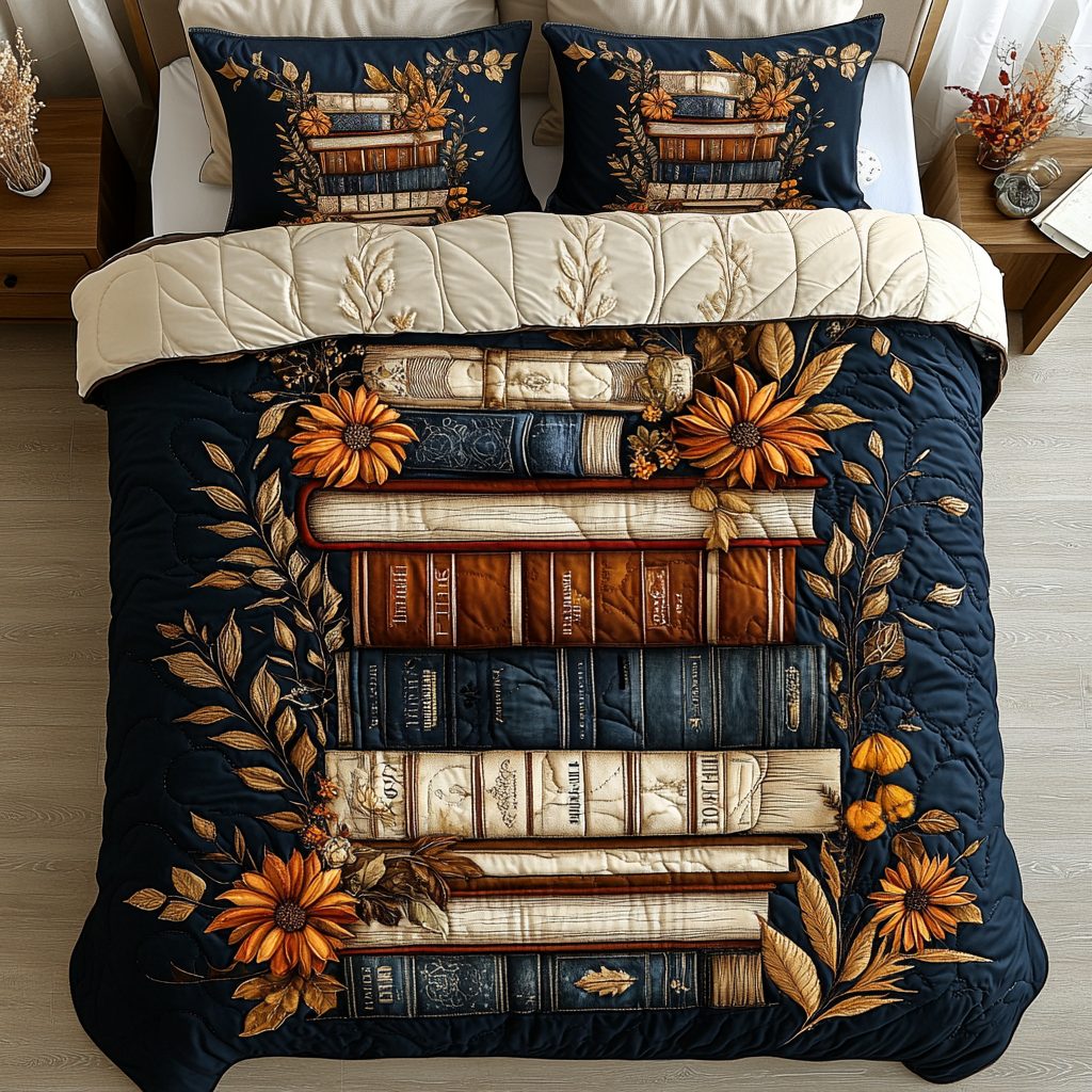 Library Garden quilted 3-piece bedding set on a made bed with two matching pillow shams