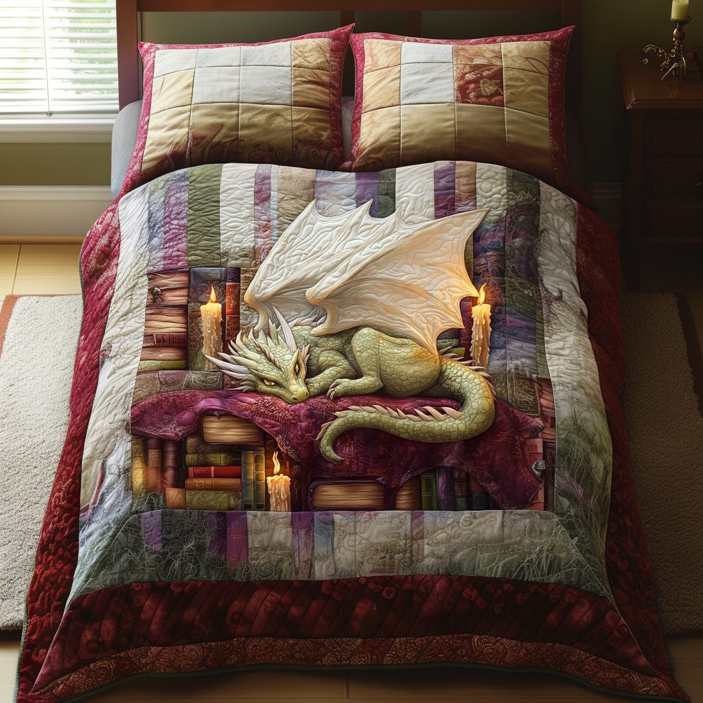 Library Guard quilted 3-piece bedding set on a made bed with two matching pillow shams