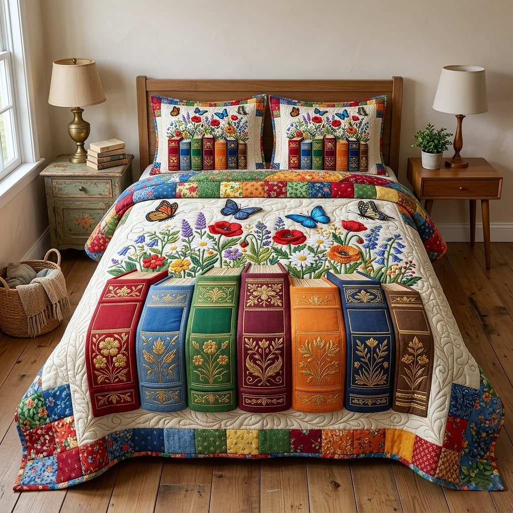 Library Nook quilted 3-piece bedding set on a made bed with two matching pillow shams