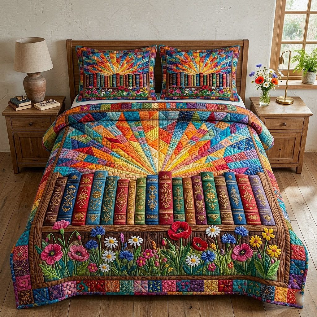 Library Nook quilted 3-piece bedding set on a made bed with two matching pillow shams