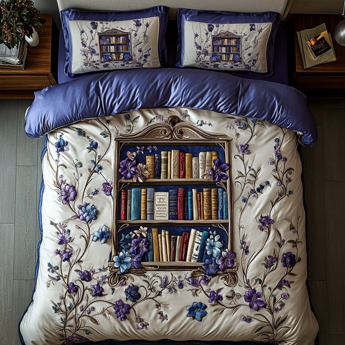 Library of Legends quilted 3-piece bedding set on a made bed with two matching pillow shams
