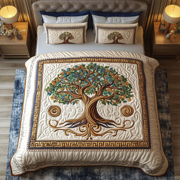Life Balance quilted 3-piece bedding set on a made bed with two matching pillow shams