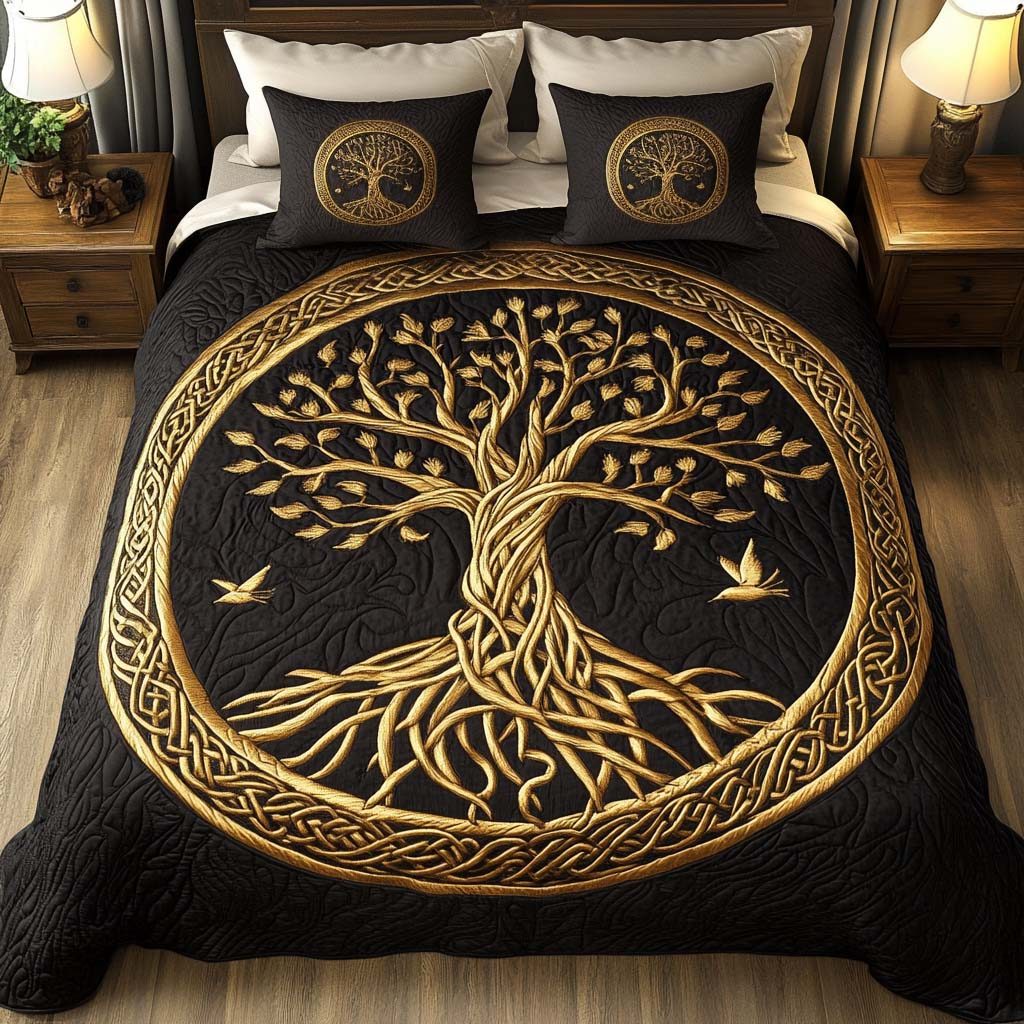 Life Branches quilted 3-piece bedding set on a made bed in a rustic timber bedroom