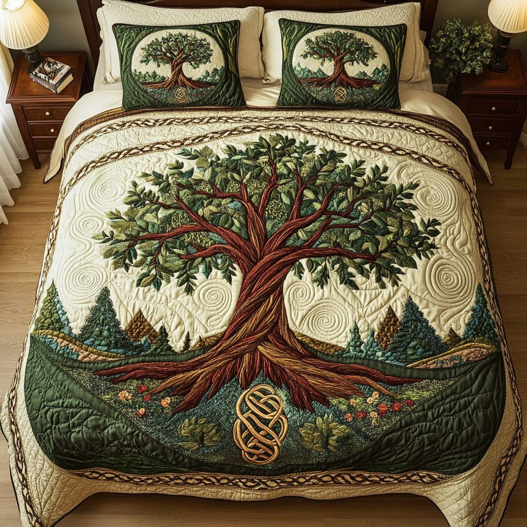 Life Circle quilted 3-piece bedding set on a made bed with two matching pillow shams