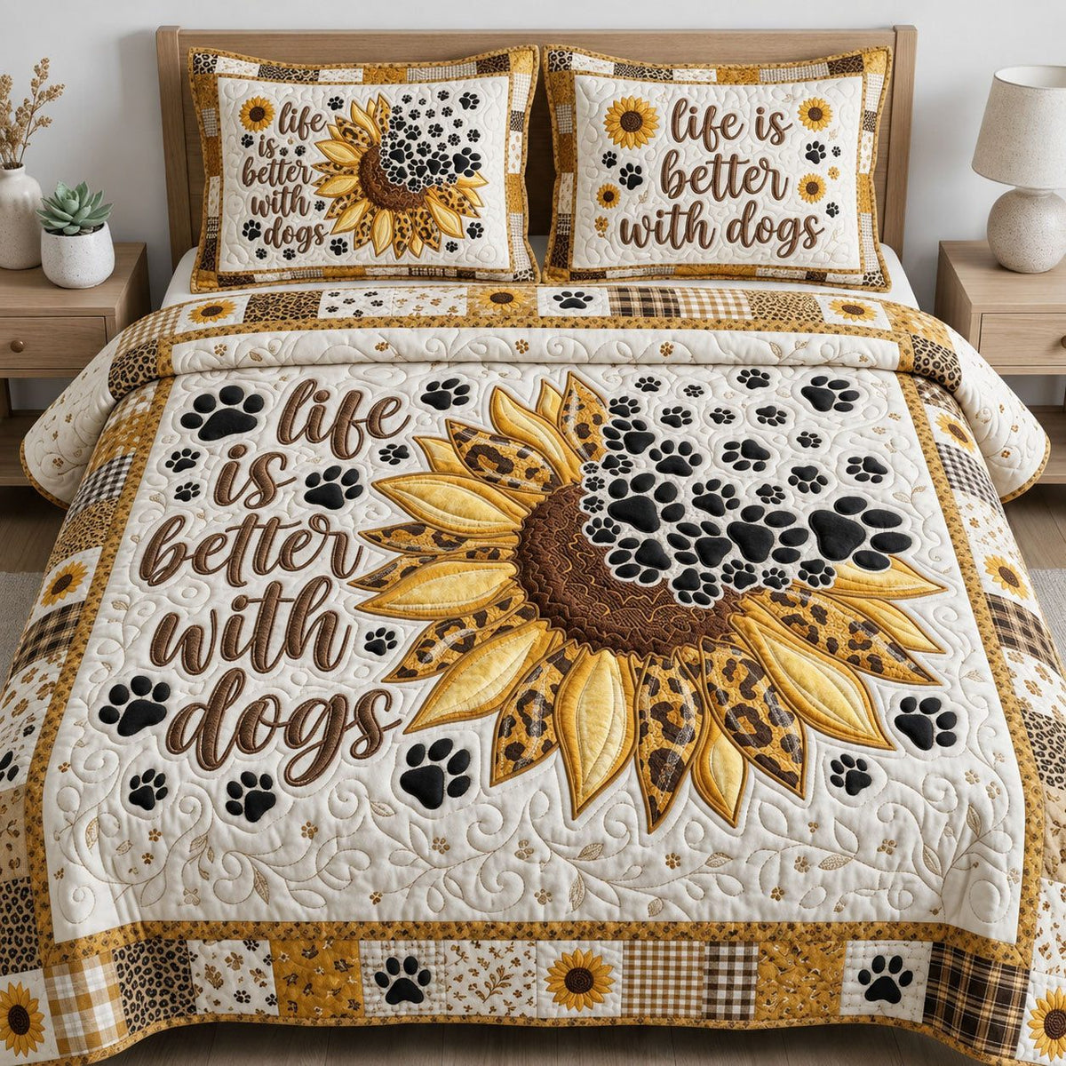 Life Is Better With Dogs quilted 3-piece bedding set on a made bed with two matching pillow shams