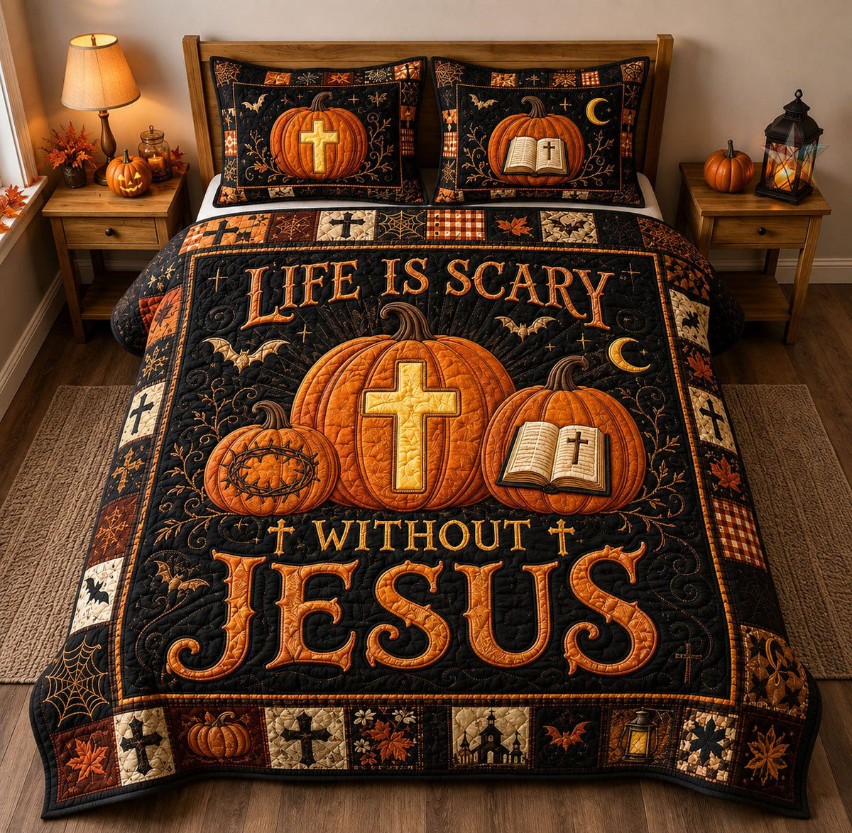Life Is Scary Without Jesus Halloween quilted 3-piece bedding set on a made bed against a dark styled interior
