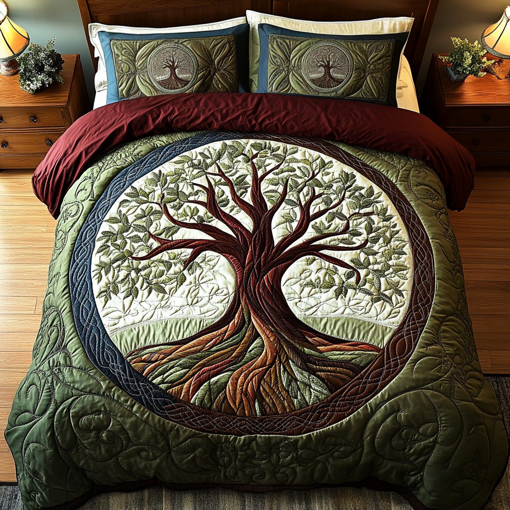 Life Roots quilted 3-piece bedding set on a made bed with two matching pillow shams