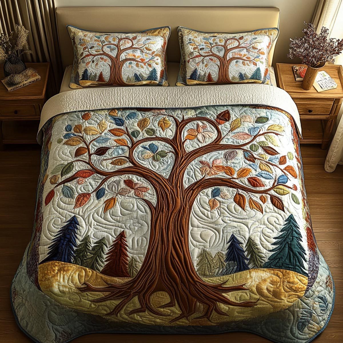 Life Roots quilted 3-piece bedding set on a made bed with two matching pillow shams