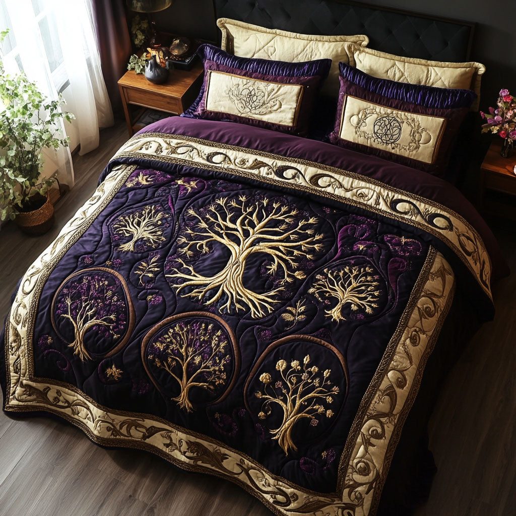 Lifes Mosaic quilted 3-piece bedding set on a made bed with two matching pillow shams