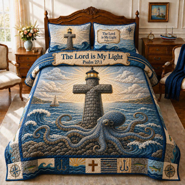 Light Of Lord quilted 3-piece bedding set on a made bed in a softly lit bedroom