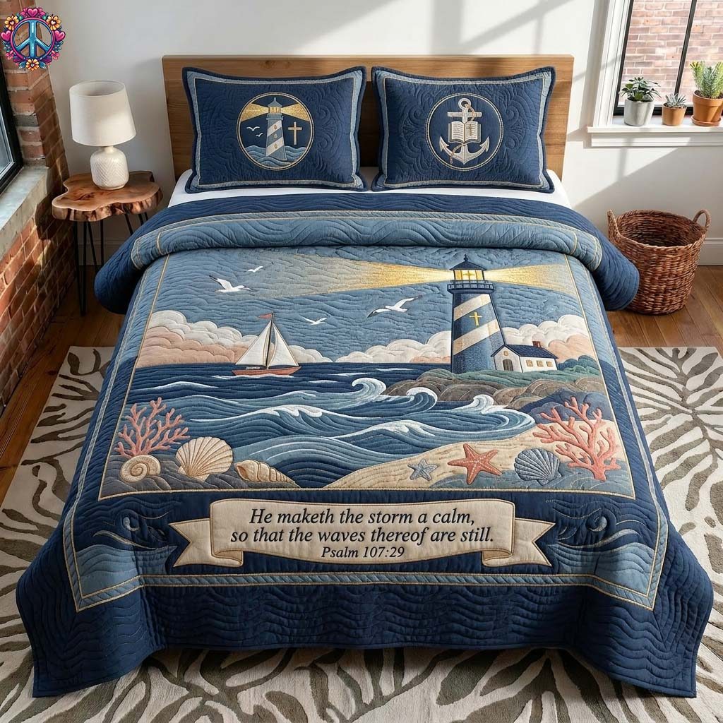 Lighthouse Calm quilted 3-piece bedding set on a made bed in a light coastal bedroom