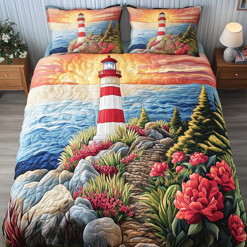 Lighthouse Dream quilted 3-piece bedding set on a made bed in a light coastal bedroom