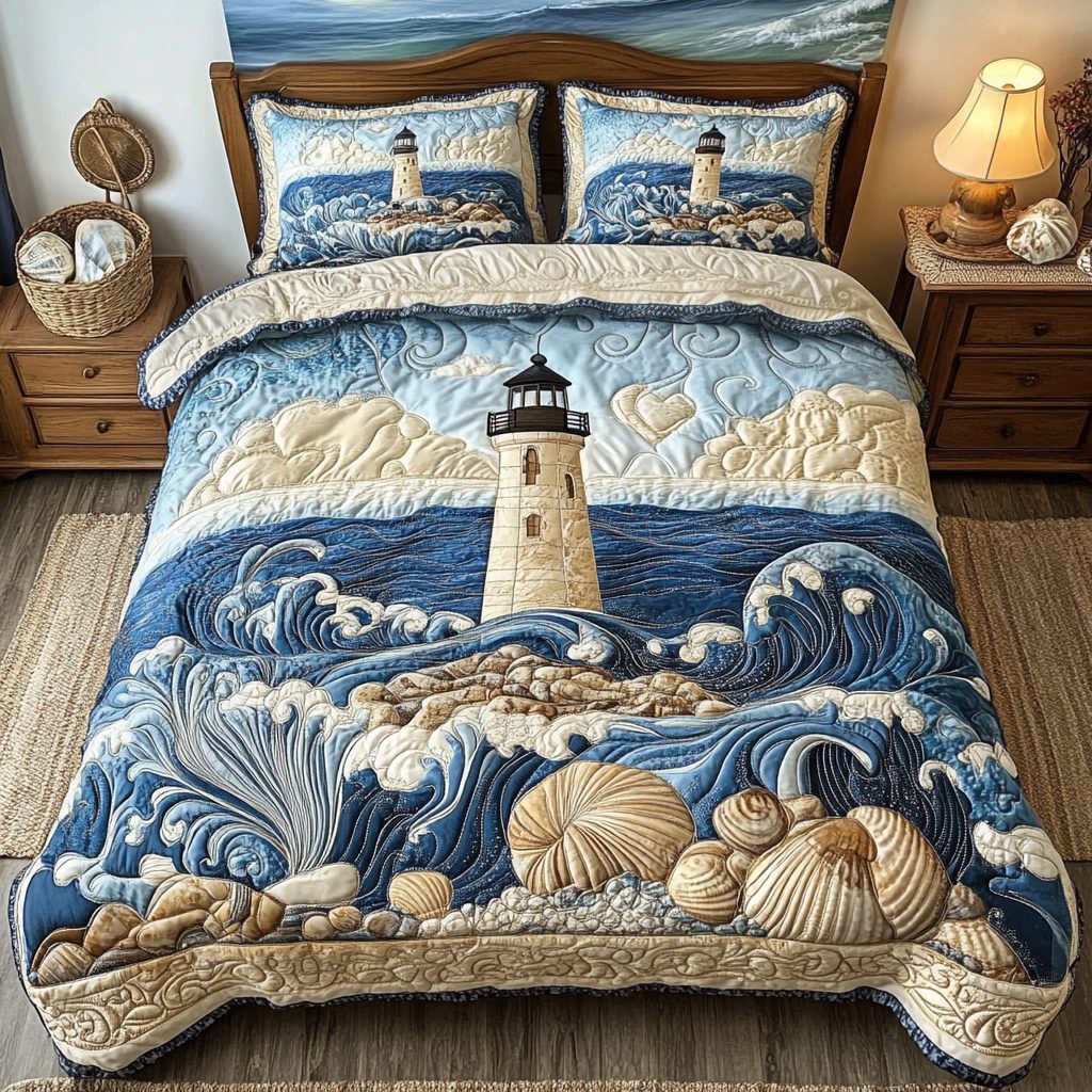 Lighthouse Dreams quilted 3-piece bedding set on a made bed in a light coastal bedroom