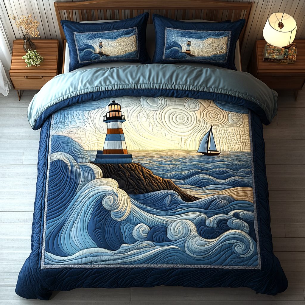 Lighthouse Glow quilted 3-piece bedding set on a made bed in a light coastal bedroom