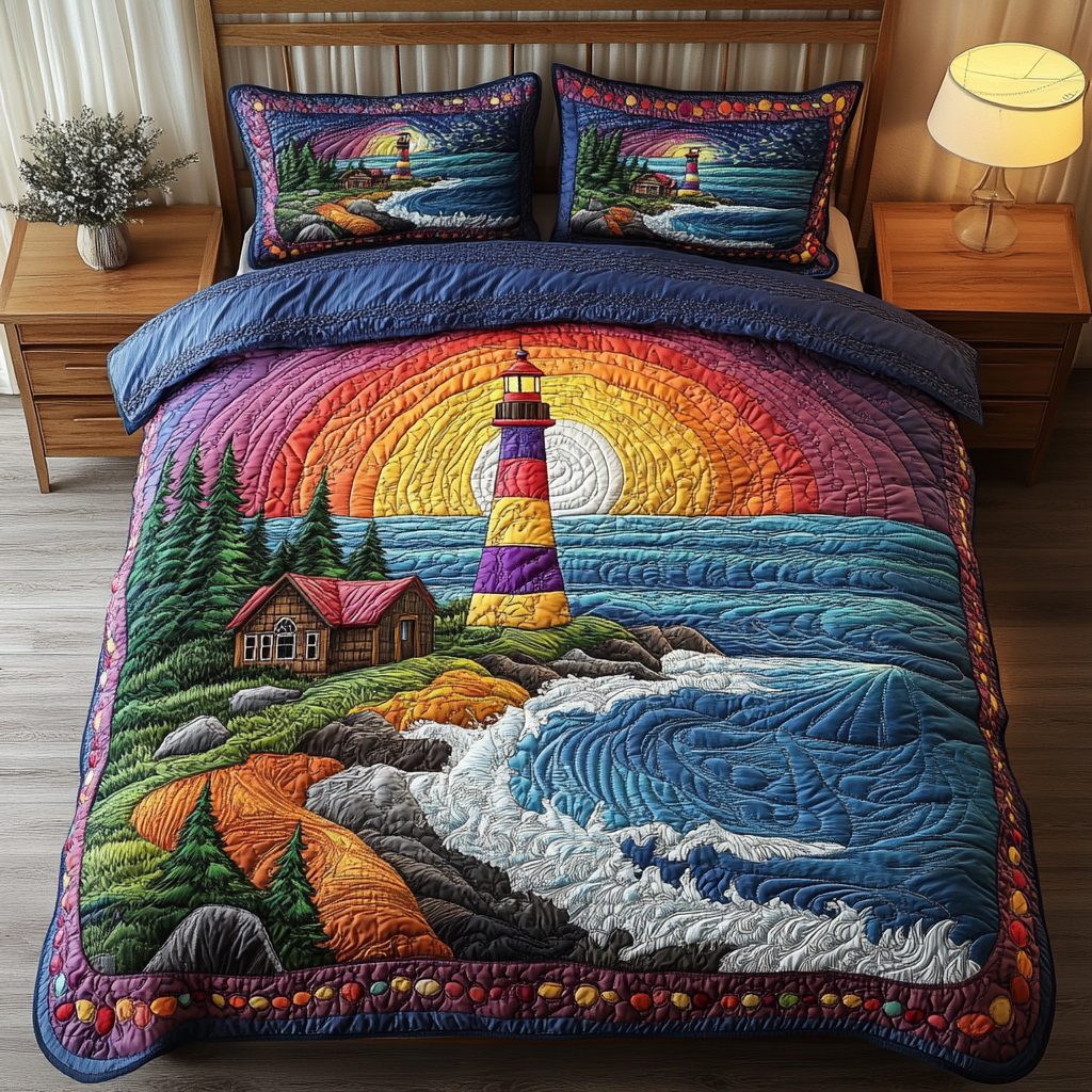 Lighthouse Glow quilted 3-piece bedding set on a made bed in a light coastal bedroom