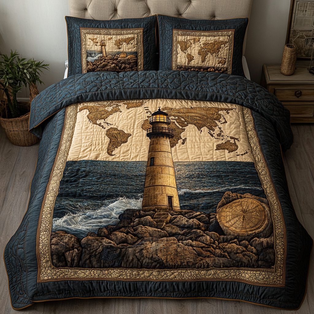Lighthouse Guide quilted 3-piece bedding set on a made bed in a light coastal bedroom