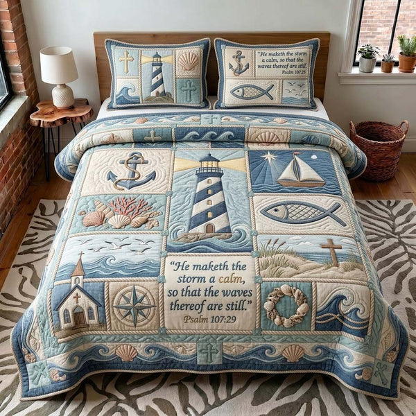 Lighthouse Psalm quilted 3-piece bedding set on a made bed in a softly lit bedroom