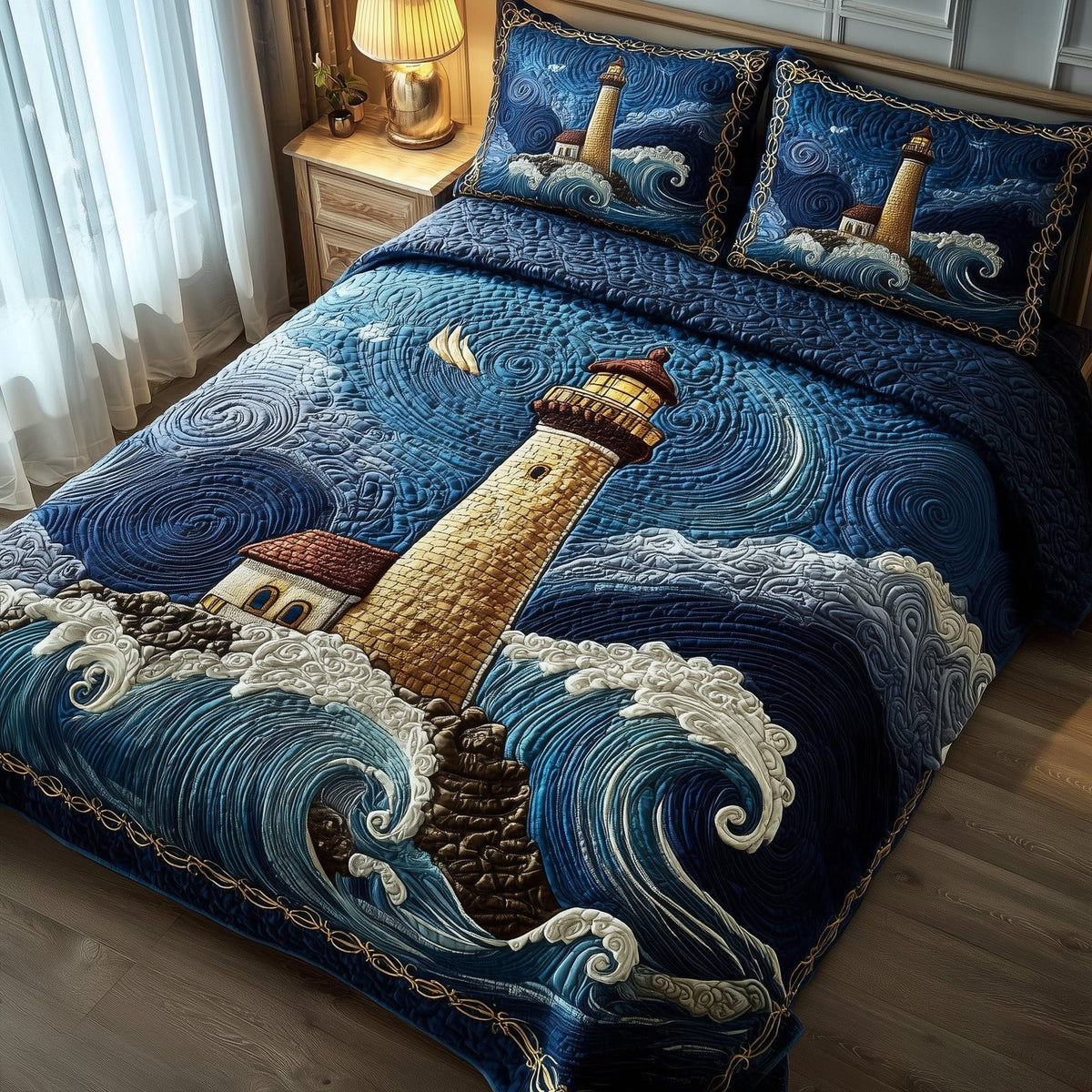 Lighthouse quilted 3-piece bedding set on a made bed in a light coastal bedroom