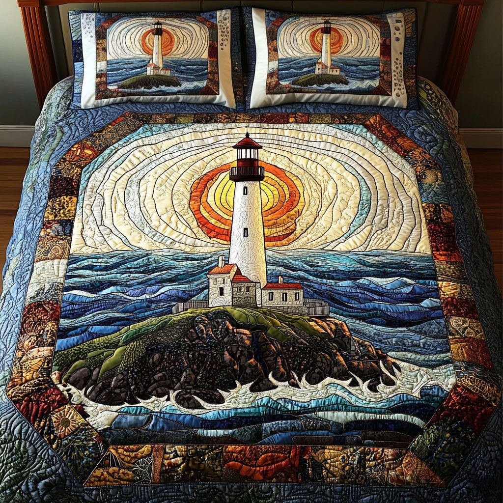 Lighthouse Sunrise Waves quilted 3-piece bedding set on a made bed in a light coastal bedroom